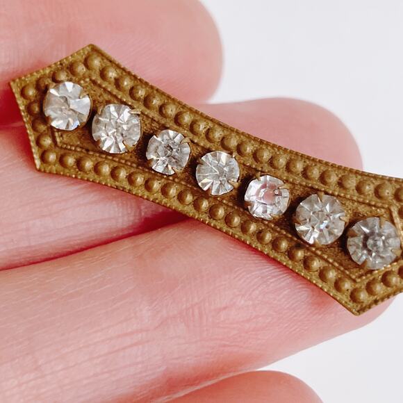 Antique Art Deco Brass Bar Brooch with Clear Rhinestones c1915 Edwardian Style - Picture 6 of 8